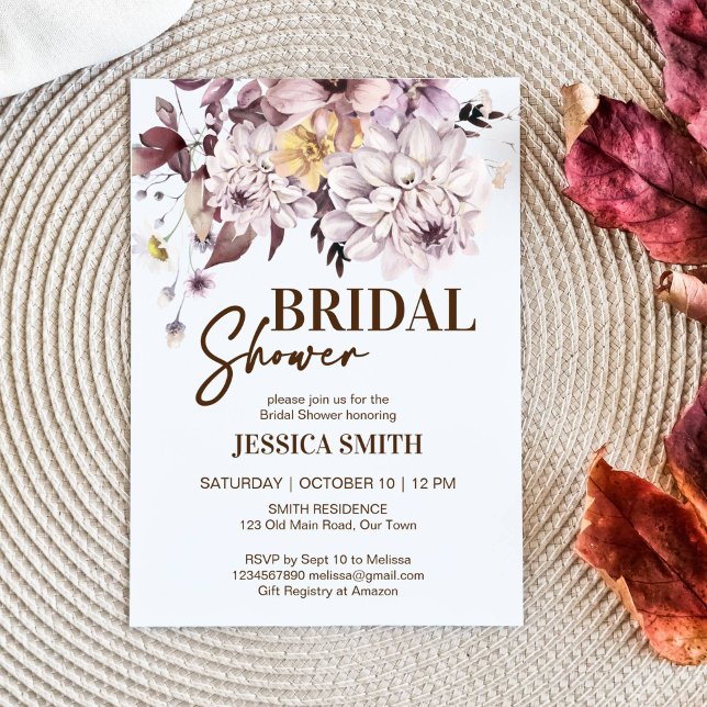 Earthy pastel brown flowers bridal shower invitation (Earthy pastel brown flowers chrysanthemums fall themed bridal shower template invitation download)