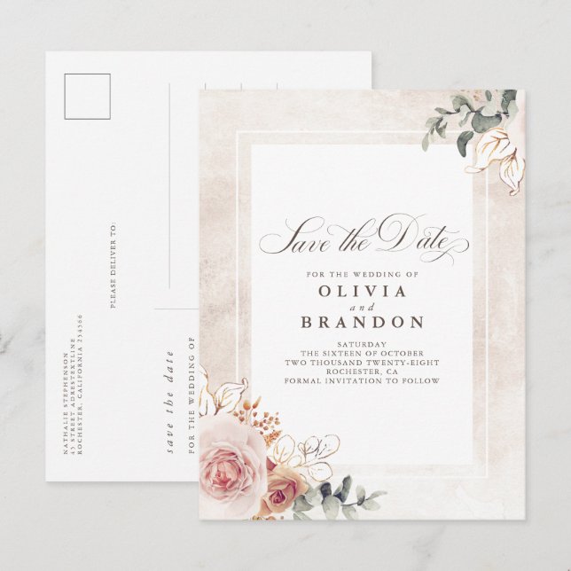 Earthy Pink Floral Elegant Save The Date Announcement Postcard (Front/Back)