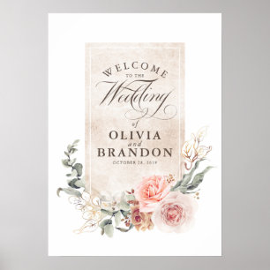 Earthy Pink Flowers Elegant Wedding Welcome Sign