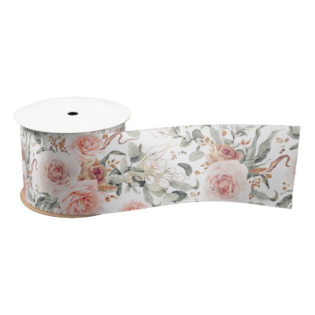 Earthy Pink Watercolor Flowers Botanical Satin Ribbon (Spool)