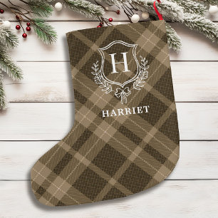 Earthy Plaid Monogram Initial Tartan Large Christmas Stocking