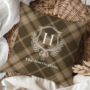 Earthy Plaid Winter Monogram Crest Initial Cushion