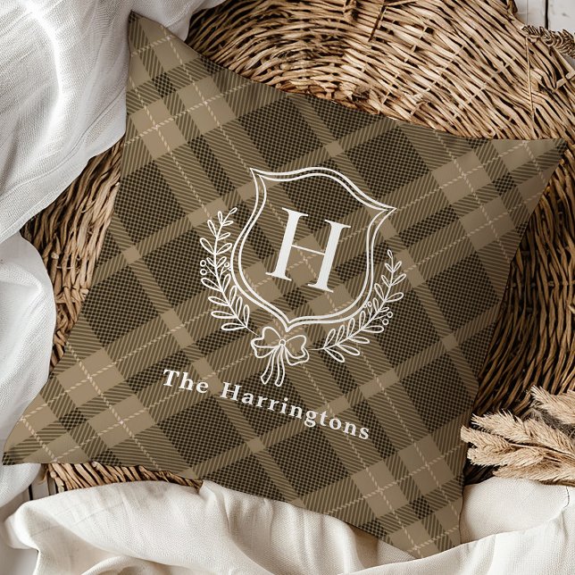 Earthy Plaid Winter Monogram Crest Initial Cushion (Creator Uploaded)