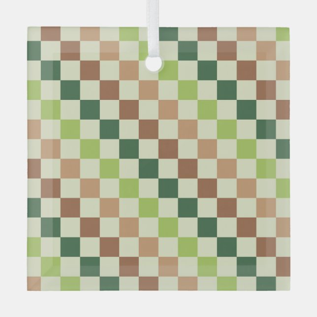 Earthy rainbow diagonal checkerboard pattern glass tree decoration (Front)