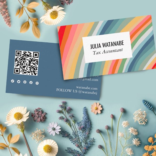 Earthy Rainbow Stripes QR Code Social Media Chic Business Card (Customize this business card with your QR code and social media icons. Add your own text too. )