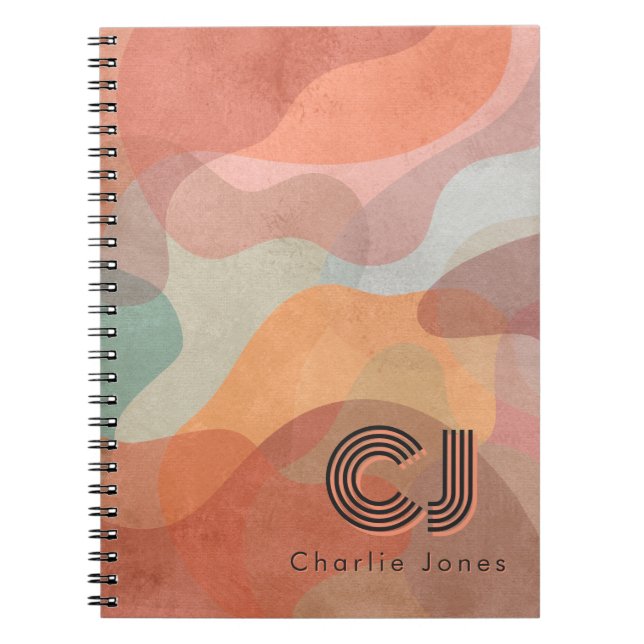 Earthy Retro Abstract Wavy Pattern Custom Monogram Notebook (Front)