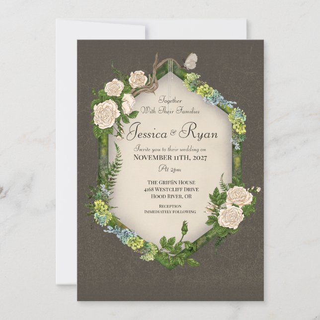 Earthy Rustic Moss and Roses Wedding invitation (Front)