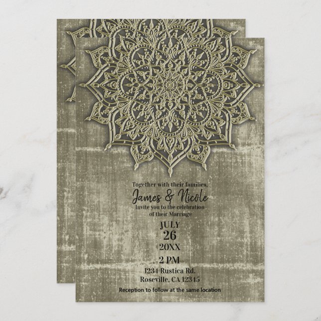 Earthy Rustic Tan Mandala Minimal Wedding Invitation (Front/Back)
