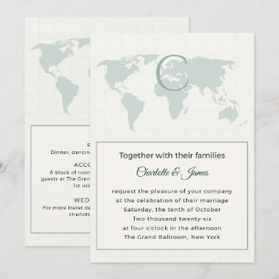 Earthy Sage Green World Map Monogram Wedding Invitation