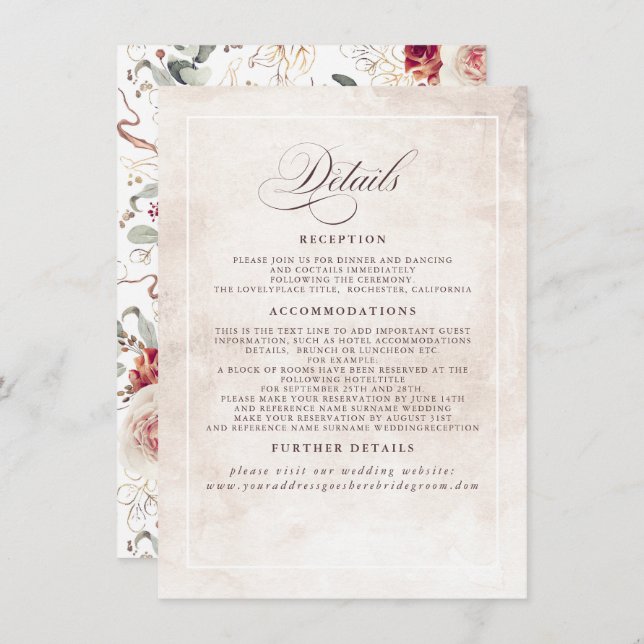 Earthy Shade Flowers Elegant Boho Wedding Details Enclosure Card (Front/Back)