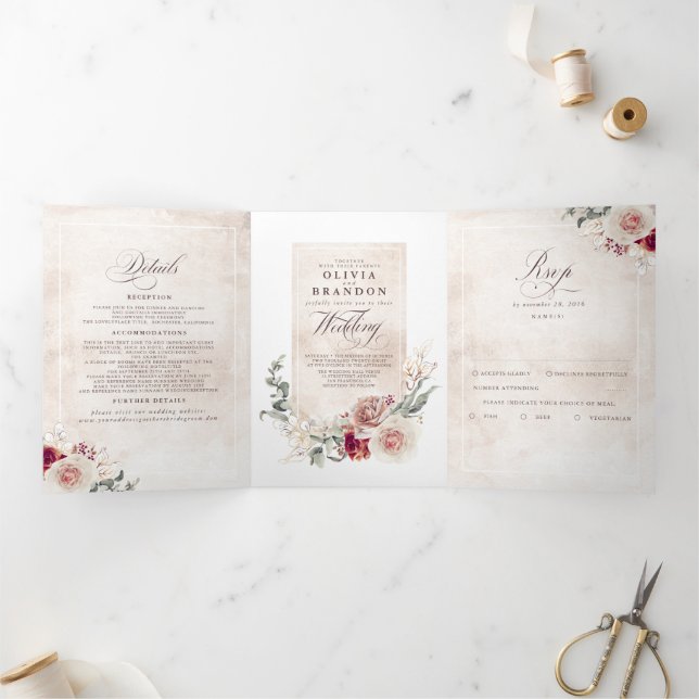 Earthy Shade Flowers Elegant Boho Wedding Tri-Fold Invitation (Inside)