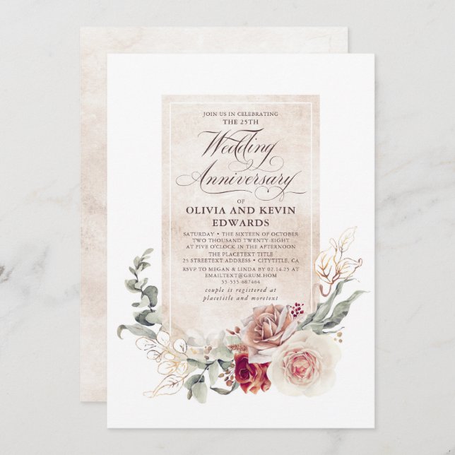 Earthy Shade Flowers Elegant Wedding Anniversary Invitation (Front/Back)