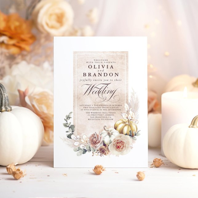 Earthy Shades Floral Pumpkins Boho Fall Wedding Invitation (Earthy Floral Pumpkins Fall Wedding Invitations)