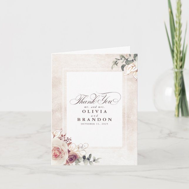 Earthy Shades Floral Wedding Thank You Card (Front)