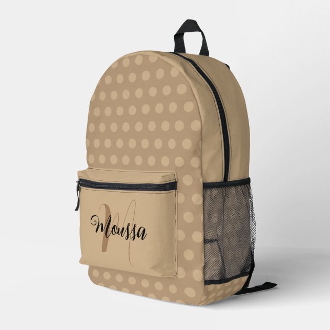 Earthy Tan Colour - Initial Letter Name Monogram  Printed Backpack (Back Corner Right)