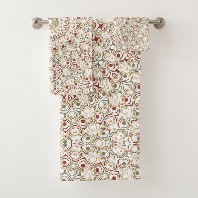 Earthy Taupe and Rust Mandala Pattern Bath Towel Set (Insitu)
