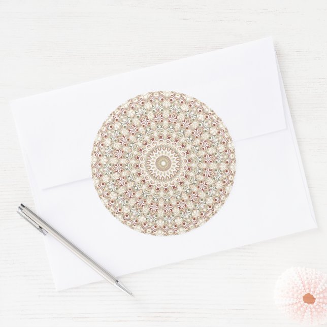 Earthy Taupe and Rust Mandala Pattern Classic Round Sticker (Envelope)