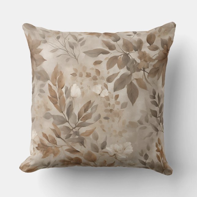 Earthy Taupe Brown Botanical Print Cushion (Front)