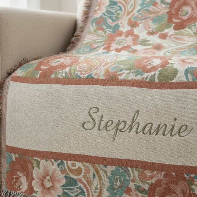 Earthy Terracotta Botanical Garden Throw Blanket (Personalized heirloom floral throw blanket)