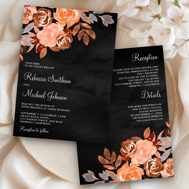 Earthy Terracotta Floral All in One Black Wedding Invitation (Creator Uploaded)