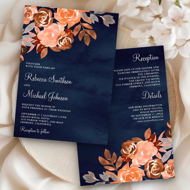 Earthy Terracotta Floral All in One Navy Wedding Invitation (Creator Uploaded)