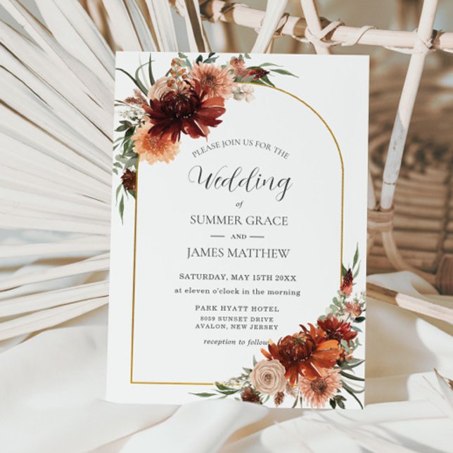 Earthy Terracotta Rust Floral Arch Wedding  Invitation (Creator Uploaded)