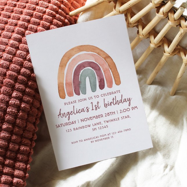 Earthy Tone  Rainbow 1st Birthday Girl   Invitation (Creator Uploaded)