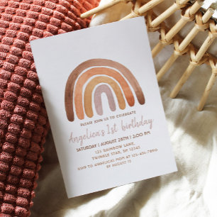 Earthy Tone Watercolor Rainbow 1st Birthday     Invitation