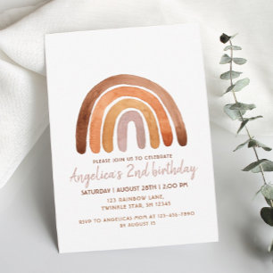 Earthy Tone Watercolor Rainbow 2nd Birthday Invitation