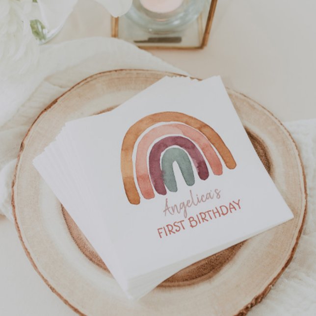 Earthy Tone Watercolor Rainbow First Birthday  Napkin (Creator Uploaded)