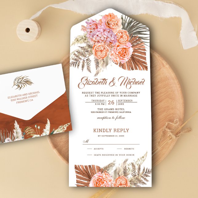 Earthy Tones Burnt Orange Floral Boho Palm Wedding All In One Invitation (Creator Uploaded)