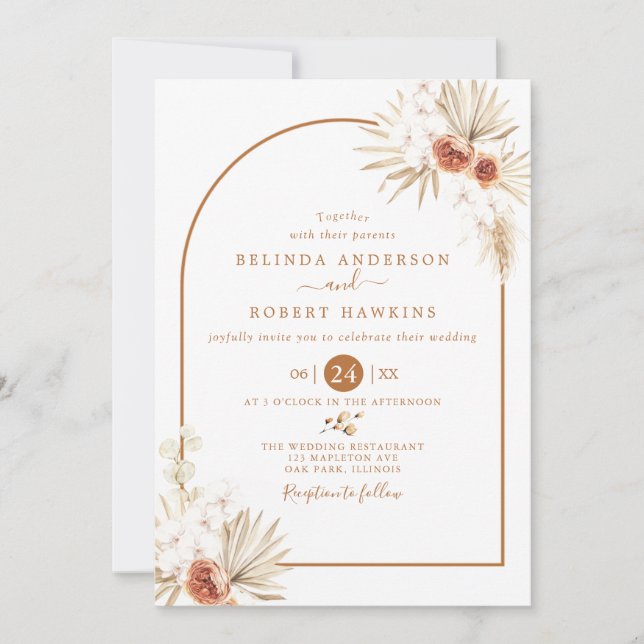  Earthy Tones Rose Boho Pampas Grass Wedding Invit Invitation (Front)