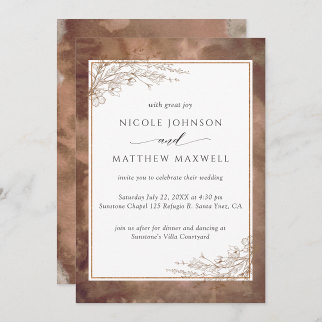 Earthy Tones Watercolor, Hand Drawn Flora, Wedding Invitation (Front/Back)