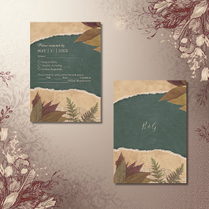earthy vintage boho chic greenery wedding RSVP card