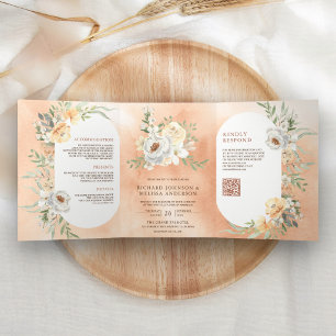 Earthy Watercolor Peach Floral QR Code Wedding Tri-Fold Invitation