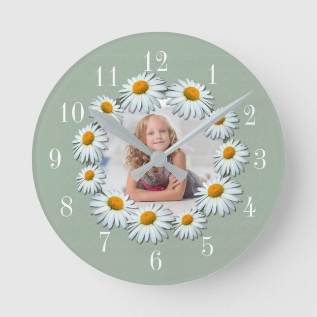 Easily add your photo, customized Daisy Frame Round Clock (Front)