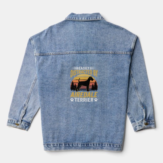 Easily Distracted by Airedale Terrier Retro Dog Denim Jacket (Back)