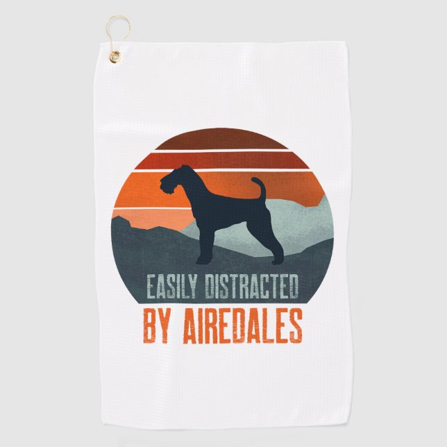 Easily Distracted By Airedales Dog Walking Golf Towel (Front)