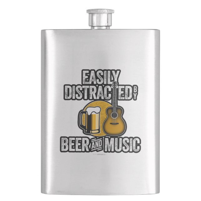 Easily Distracted by Beer and Music Hip Flask (Front)