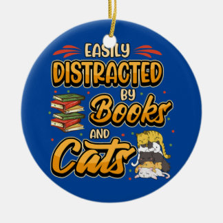 Easily distracted by books and cats Bookworm Book Ceramic Tree Decoration
