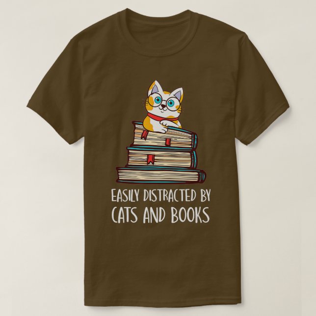 Easily Distracted By Cats And Books - Cat & Book L T-Shirt (Design Front)