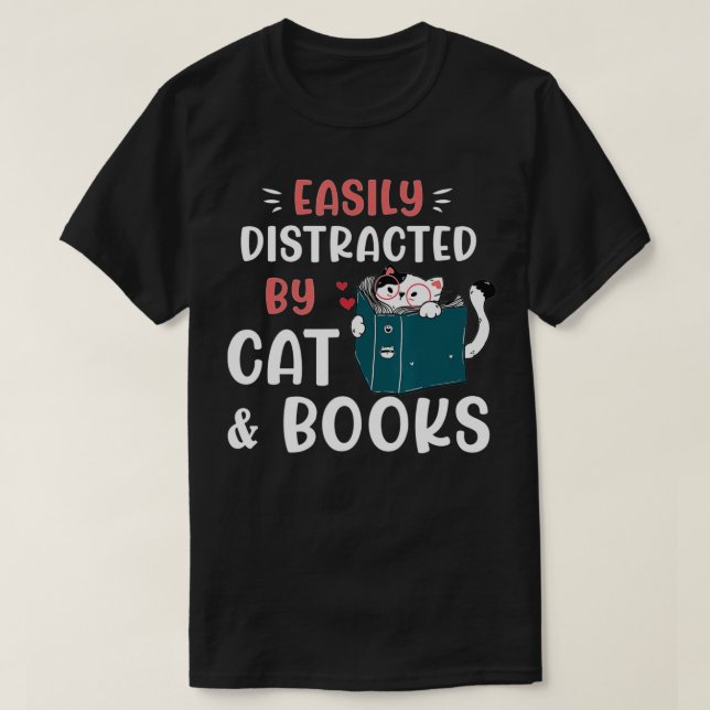 Easily Distracted by Cats and Books, Cat & Book Lo T-Shirt (Design Front)