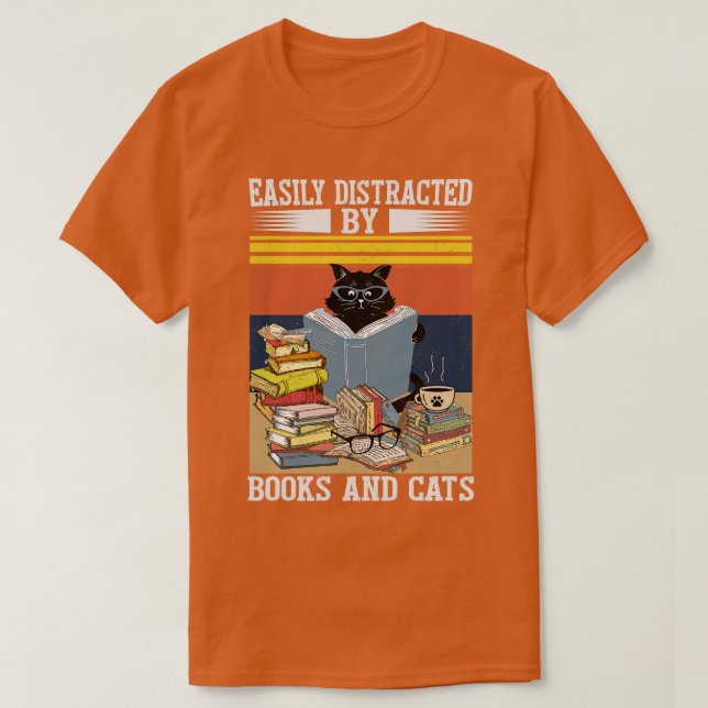 Easily Distracted By Cats And Books Cute Book Love T-Shirt (Design Front)
