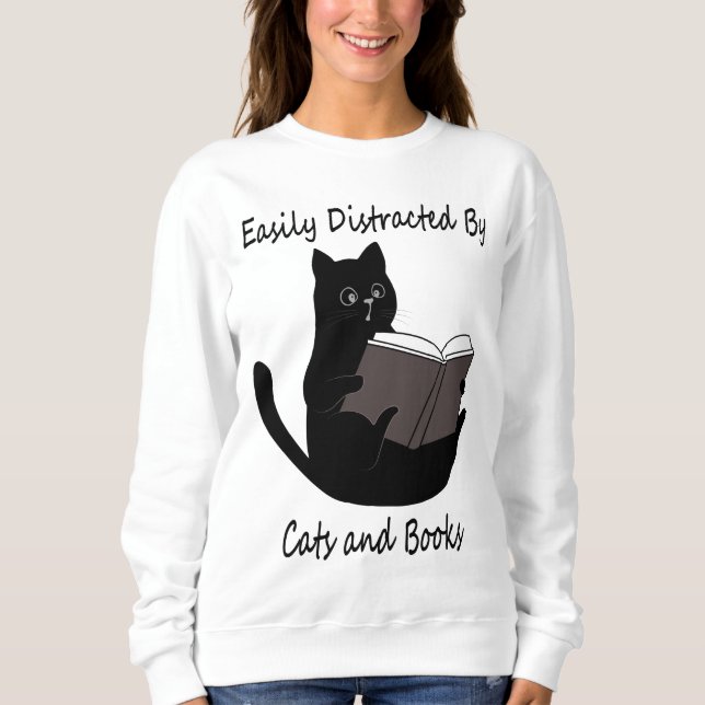 Easily Distracted By Cats And Books, Cute Cat Gift Sweatshirt (Front)
