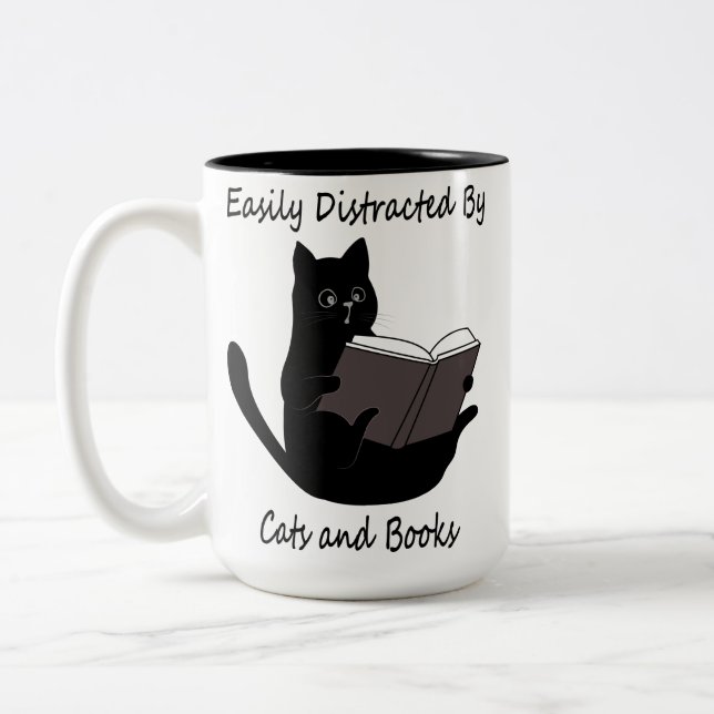 Easily Distracted By Cats And Books, Cute Cat Gift Two-Tone Coffee Mug (Left)