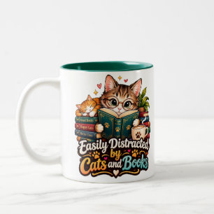 Easily Distracted by Cats and Books Cute Cat Lover Two-Tone Coffee Mug