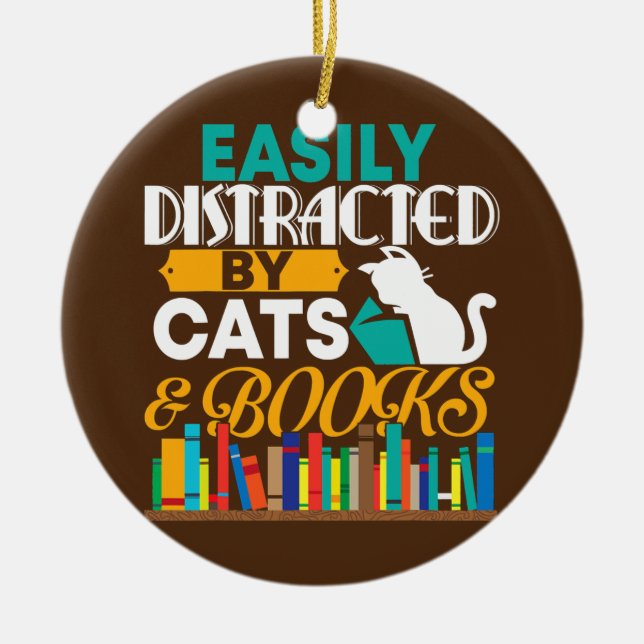Easily Distracted By Cats And Books Funny Book Ceramic Tree Decoration (Front)