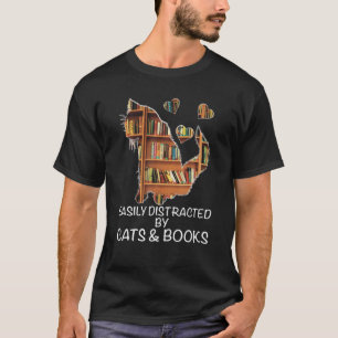 Easily Distracted By Cats And Books Funny Nerd Cat T-Shirt