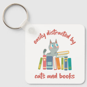 Easily Distracted by Cats and Books Key Ring