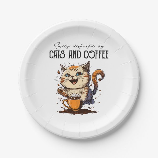 Easily Distracted By Cats And Coffee Cat Lovers Co Paper Plate (Front)
